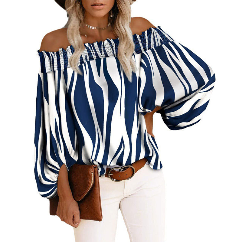 Sexy Off Shoulder Stripe Print Chiffon Shirt Women Fashion One Neck Lantern Long Sleeve Pullover Tops Street Vintage Lady Blouse