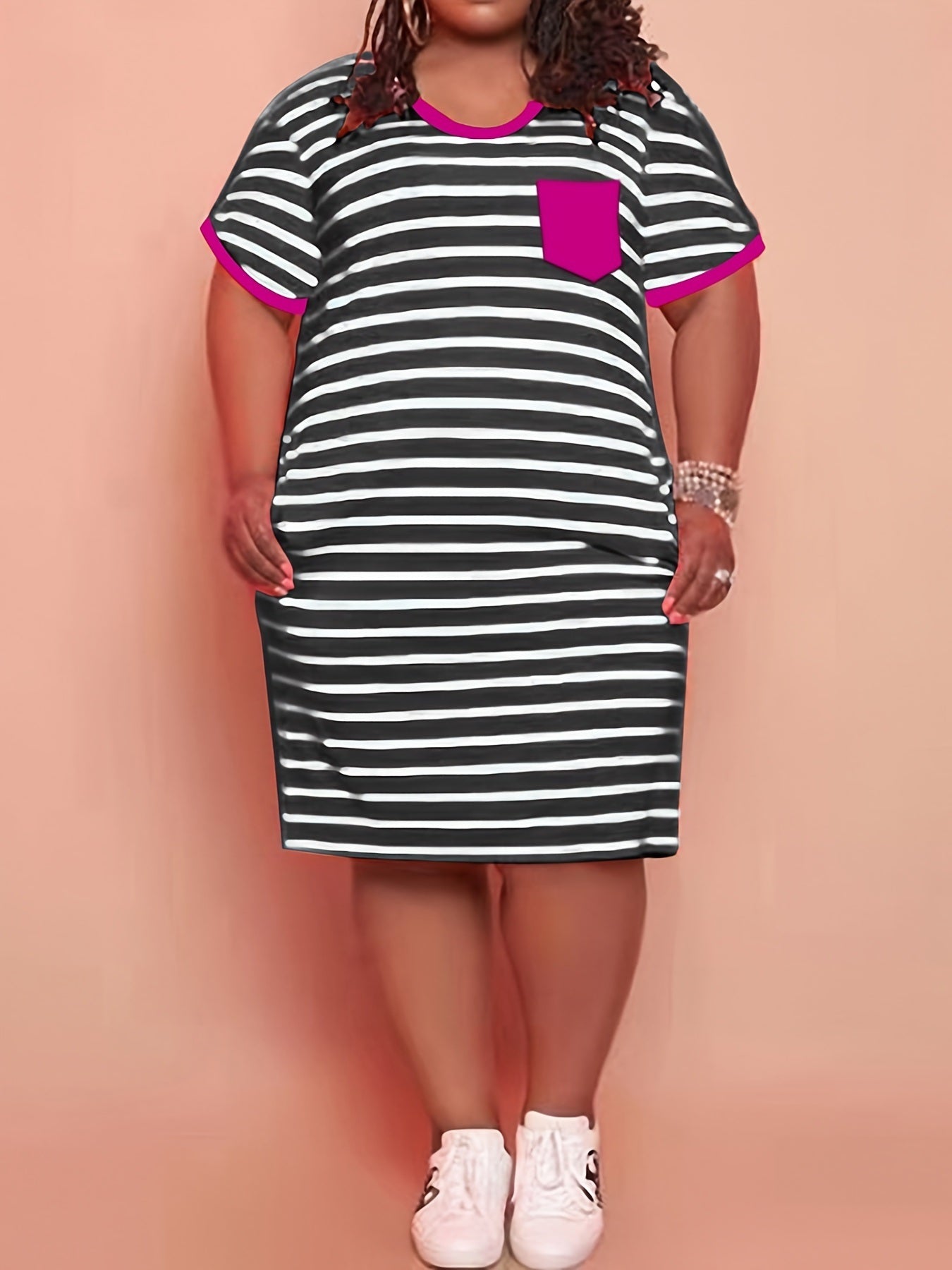 Plus Size Cotton Strip Print Short Sleeve Midi Dress With Pockets; Women's Plus Medium Stretch Dress