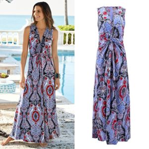 Best Selling Summer New Women's Sleeveless V-neck Print Waist Dress