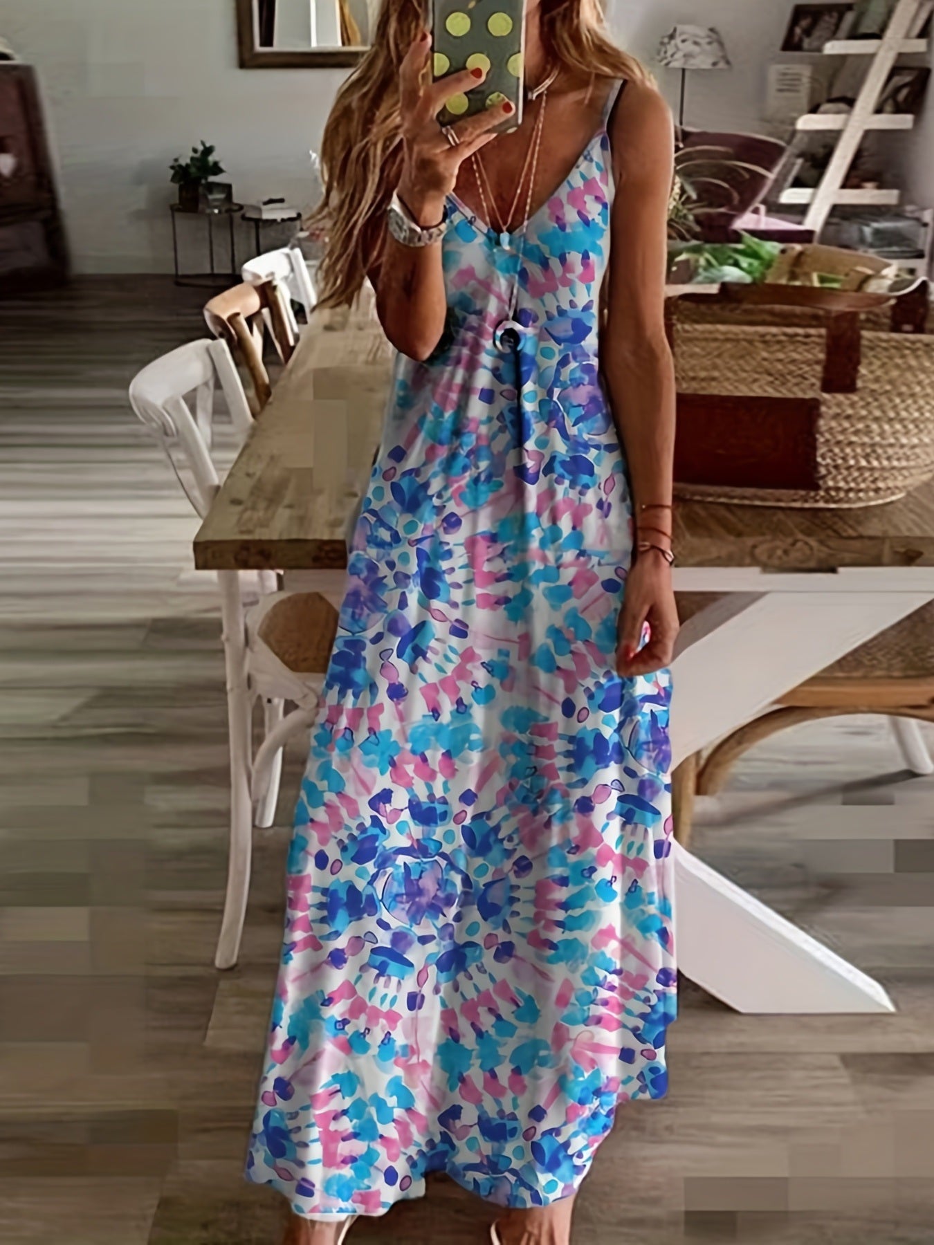 Plus Size Geometric Print Cami Maxi Dress; Women's Plus Spaghetti Strap V Neck Casual Long Dress