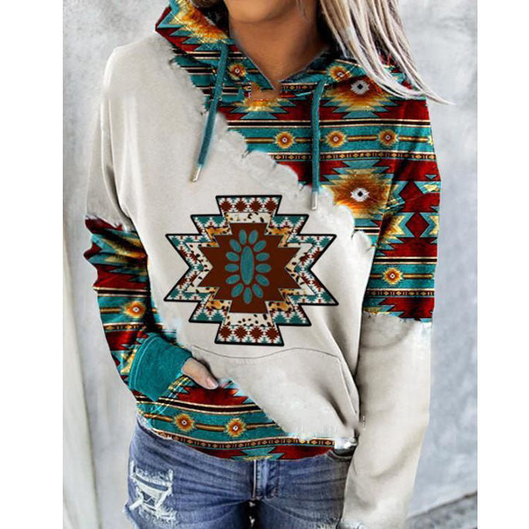 autumn and winter new women's sweater national wind printing casual hooded hoodie