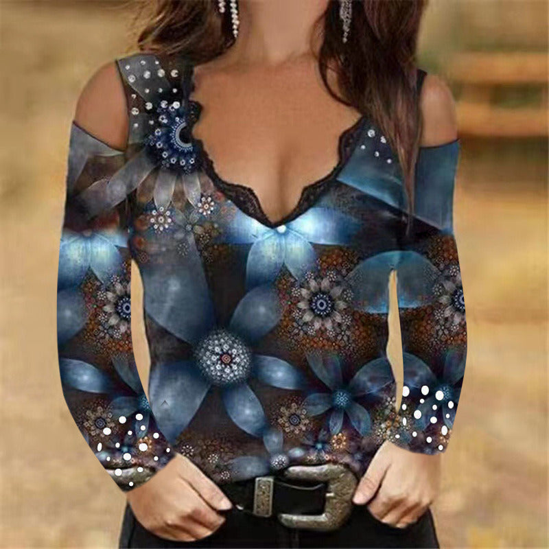 V-neck long-sleeved top autumn sexy women's printed hollow T-shirt fashion loose off-the-shoulder casual plus size shirt