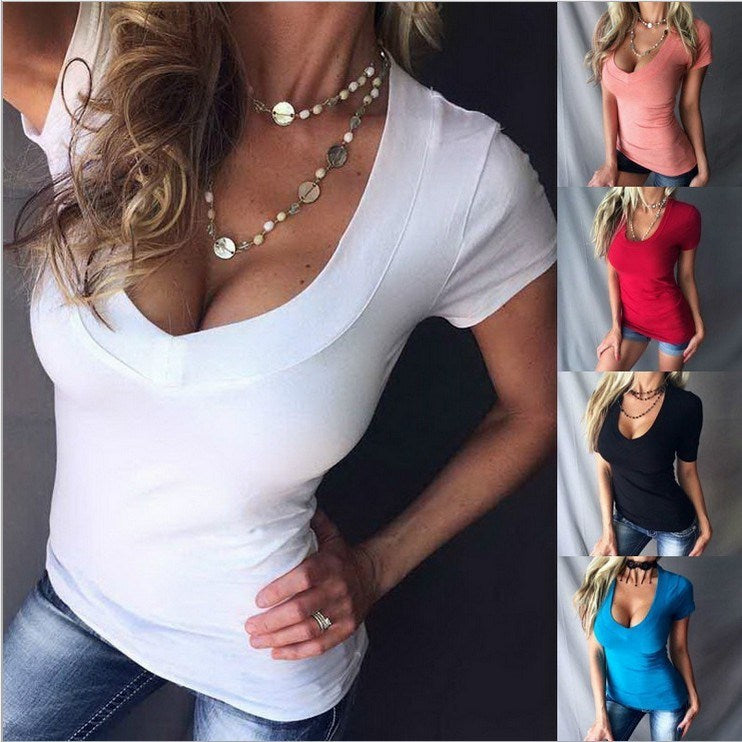 Sexy solid color deep V-neck short-sleeved T-shirt women's bottoming shirt