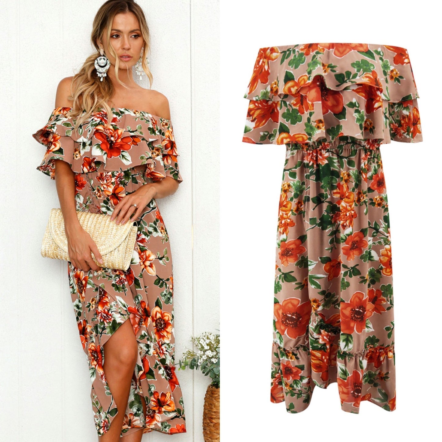 Spring and Summer New Hot Ruffled One-shoulder Long Skirt Women's Printed Dress