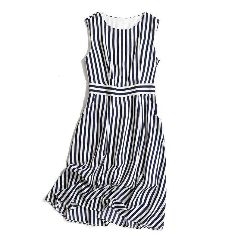 Spring and Summer New Women's Long Skirt Striped Round Neck Sleeveless Waist Dress