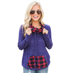 autumn and winter new European and American women's pile pile plaid stitching casual T-shirt sweater