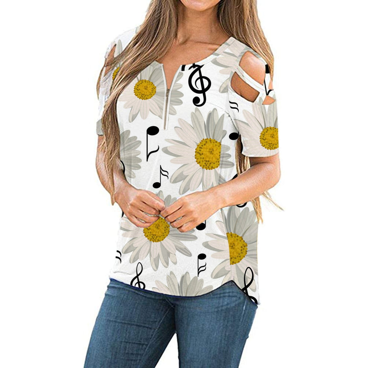 New Women's Printed Loose Cross Strapless Zipper V-neck T-shirt