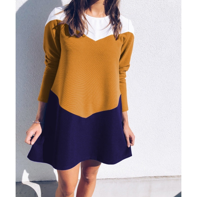 Women Autumn Loose Mini Dress Sexy Shirt Dress Casual Long Sleeve Sweater Dress Ladies Fashion Tops Splice Color Dresses Roll Pull