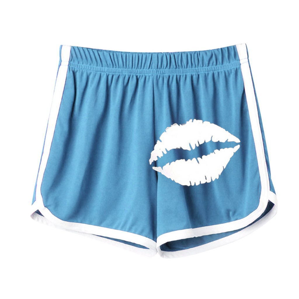 Summer new women's lips print contrast color edging slim sports casual yoga shorts