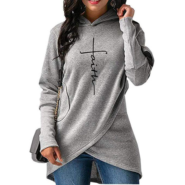 Europe and the United States new faith printing long-sleeved women's shirt autumn irregular hooded sweater women