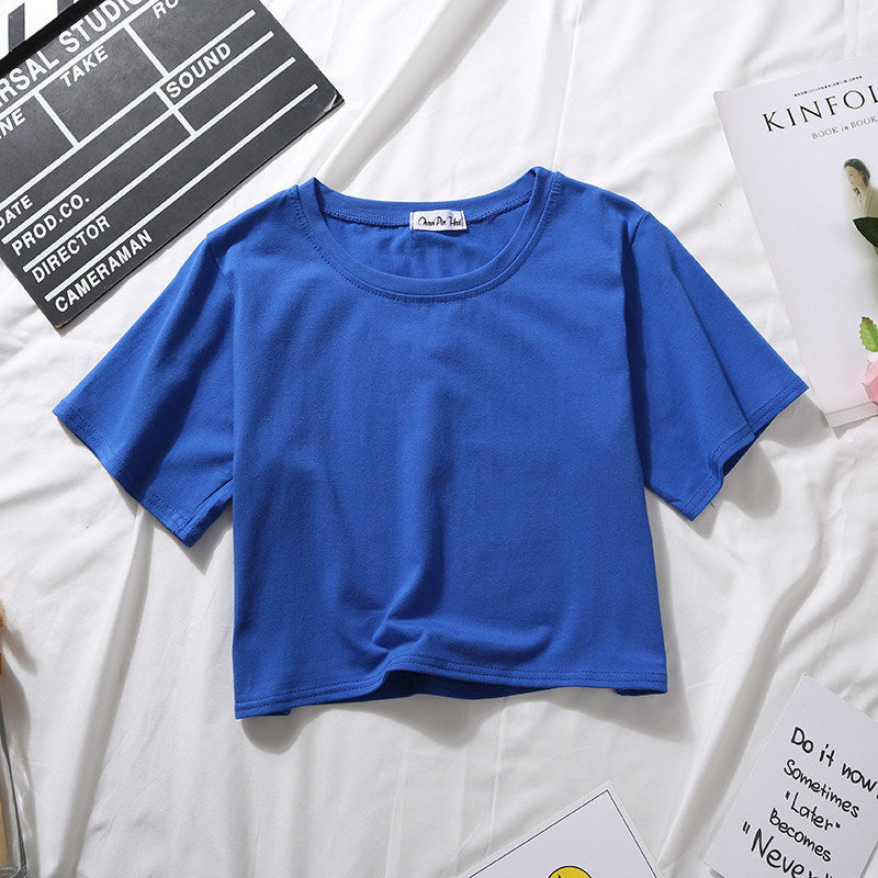 Summer Short Sleeve T Shirts Women Cotton Solid T-shirt O Neck High Waist Crop Top Tee Female Casual Loose T Shirt