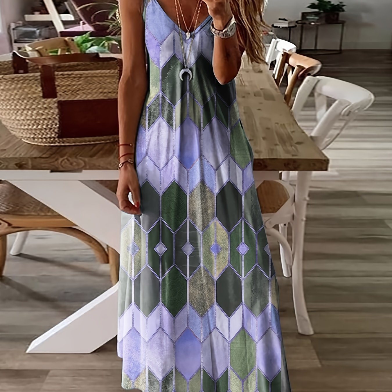 Plus Size Geometric Print Cami Maxi Dress; Women's Plus Spaghetti Strap V Neck Casual Long Dress