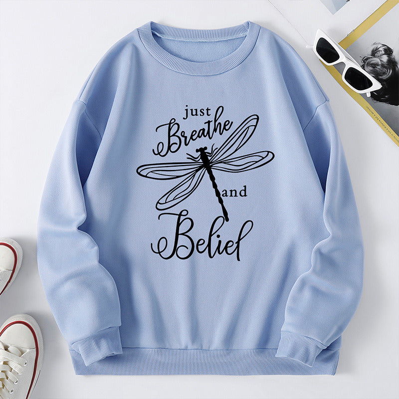 Women's Dragonfly letter print round neck Plush large version women's sweater