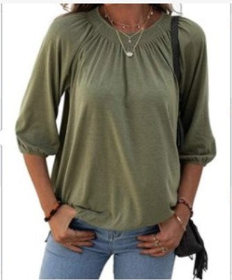 Fall Elegant Temperament Cotton Turtleneck Round Neck Loose Women's T-shirt