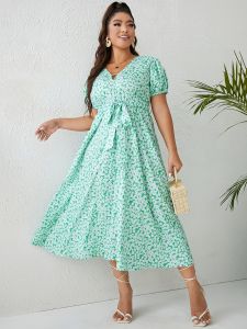 Plus Size Elegant Dress; Women's Plus Floral Print V Neck Belted Short Sleeve Flowy Maxi Dress