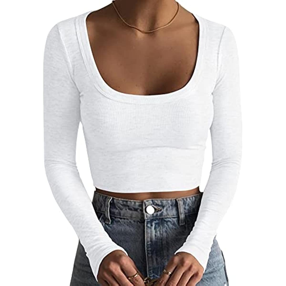 Women's Square Neck Long Sleeve Ribbed Slim Fitted Casual Basic Crop Top