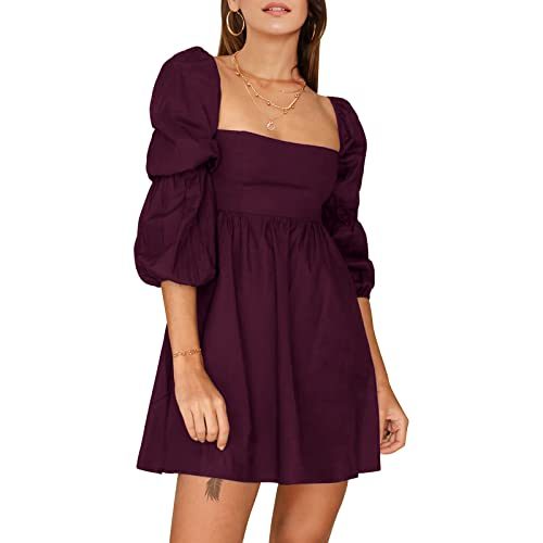 Womens Square Neck Dress Long Puff Sleeve A-Line Casual Short Mini Dress