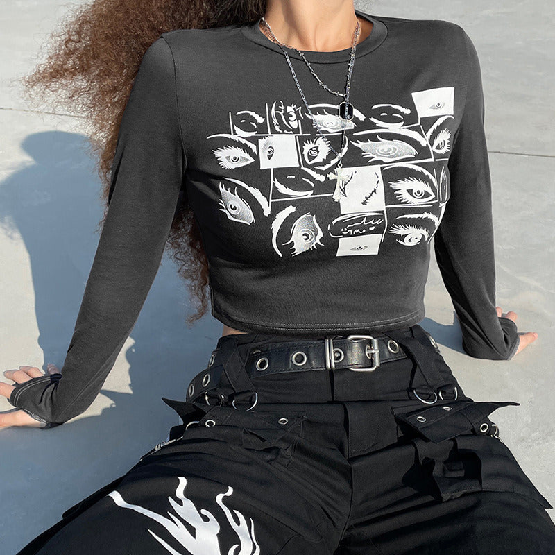 2022 personality hot girl eye print T-shirt slim short round neck long-sleeved top bottoming shirt