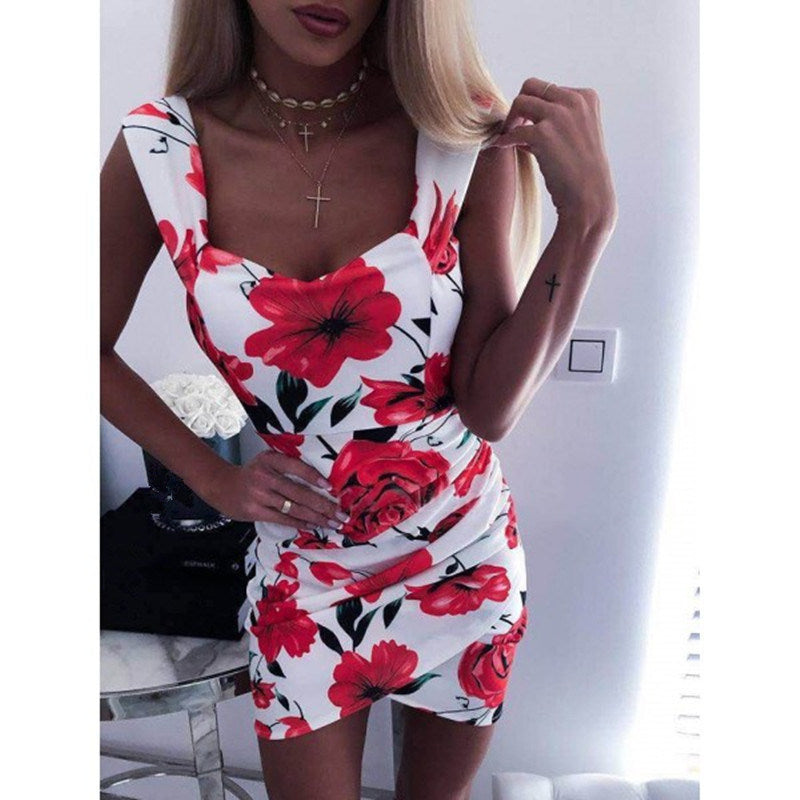 Women's Summer Sleeveless Print Slim Bag Hip Dress