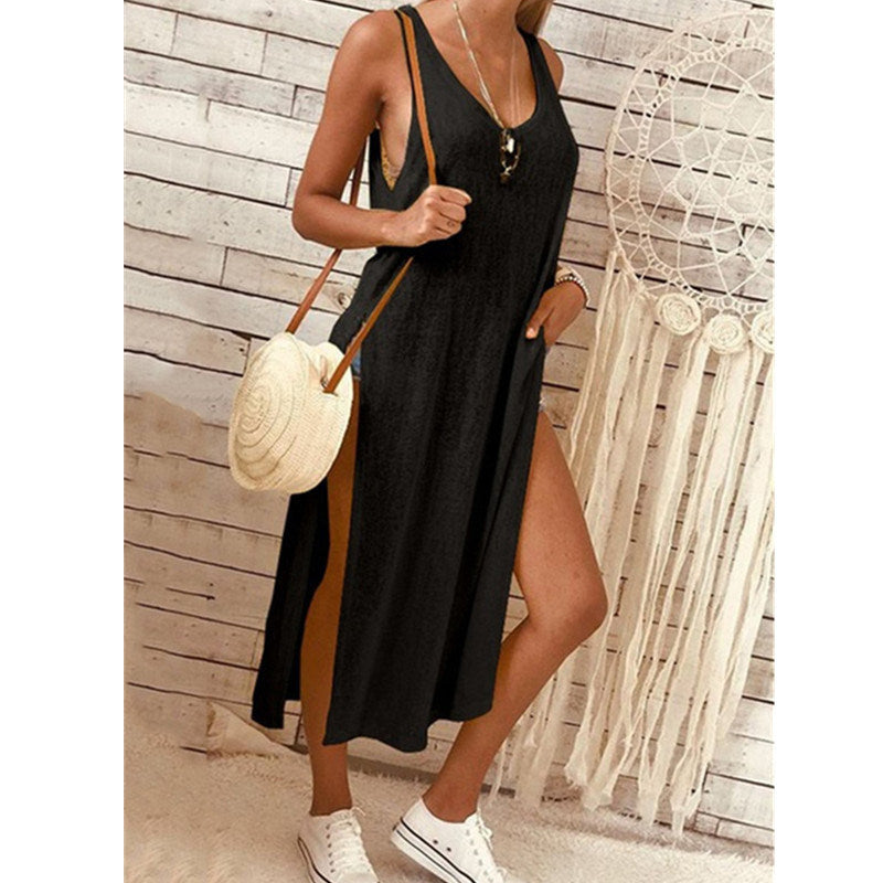 201 European and American Women's Solid Color Fashion Split Sleeveless Loose Dress