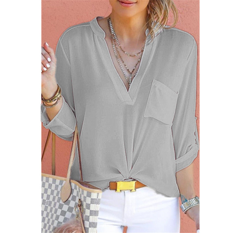 autumn women's new V-neck solid color chiffon pocket shirt