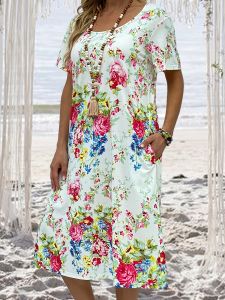 Plus Size Casual Dress; Women's Plus Floral Print Short Sleeve Round Neck Dress With Pockets