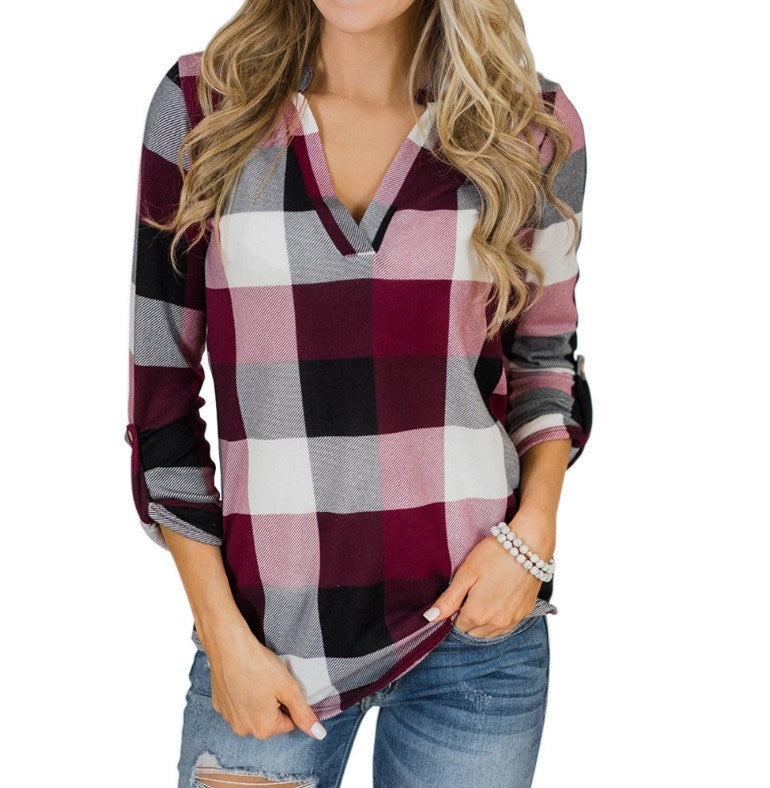 Womens Fashion V-Neck Blouses Long Sleeve Striped Plaid Print Casual Loose T-shirt Tops