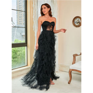 Women Evening Dress Trailing Ball Gown Plus Size S-5XL Sexy Tube Top Slit Hem Lace Tulle Dress Slim Fit Classic Black Red Spring Summer Autumn