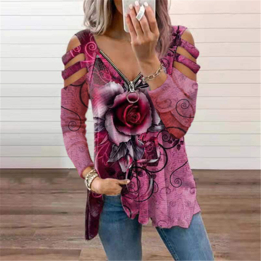 Women's New Style V-neck Zipper Rose Flower Print Casual T-shirt Top