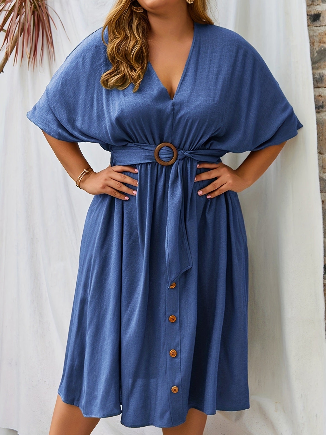 Size Batwing Button Decor V Neck Midi Dress With Belt; Women's Elegant Midi Dress