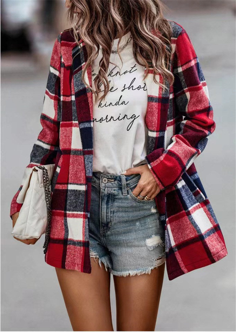 Autumn and winter 2022 women's loose check print long sleeve pocket woolen jacket cardigan top