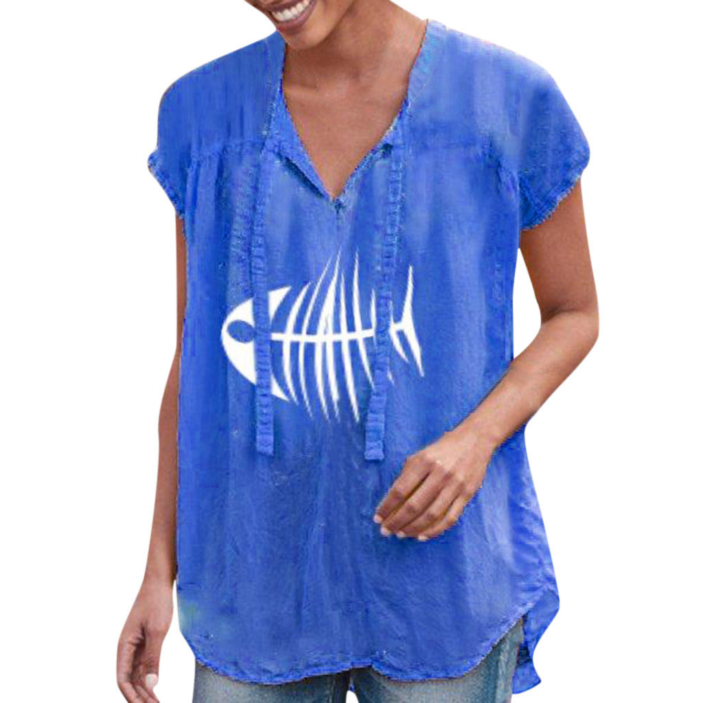 Summer women's new fashion fish bone print V-neck short-sleeved T-shirt