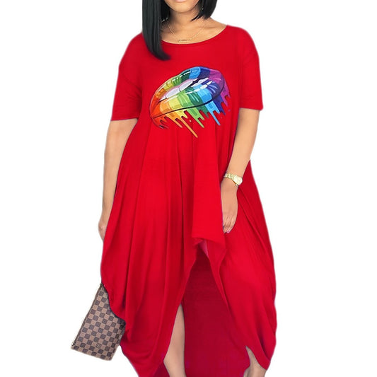 Plus Size Rainbow Color Lip Print Irregular Hem Dress; Women's Plus Casual Short Sleeve Dress