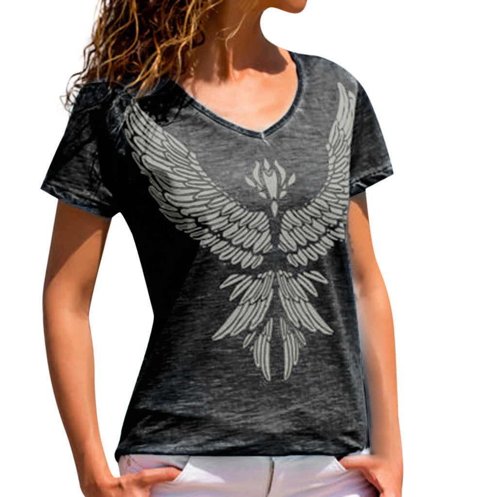 European and American new women's feather print round neck short-sleeved T-shirt